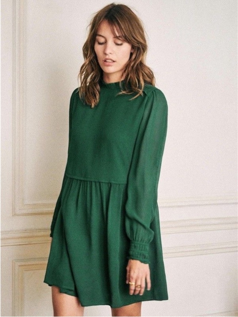Sezane emerald green chiffon smock neck robe odile dress size 38 US 6